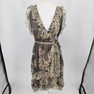 Hale Bob Silk Faux Wrap Dress Cheetah Print Ruffle Sleeveless Size Large